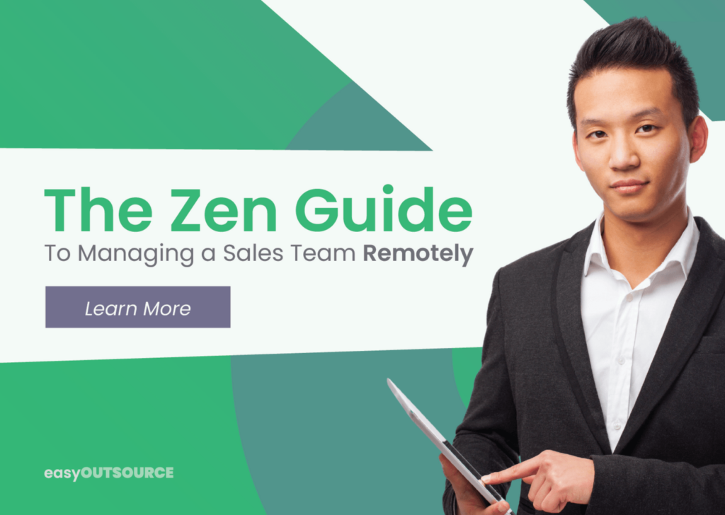A professionally dressed individual holds a tablet, promoting "The Zen Guide to Managing a Sales Team Remotely" with a call to action.