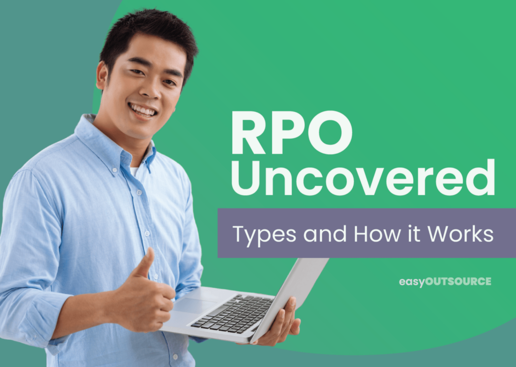 A person in a blue shirt gives a thumbs up while holding a laptop, with text overlay about RPO types and their function.