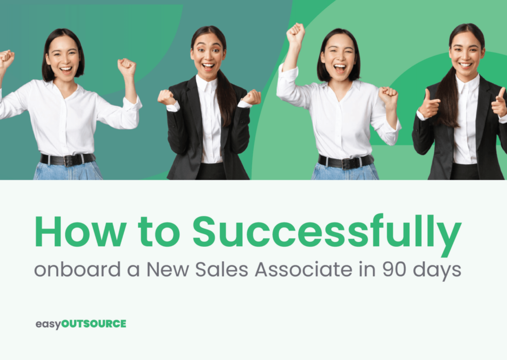 Four individuals in business attire express enthusiasm and determination, with the title "How to Successfully onboard a New Sales Associate in 90 days."