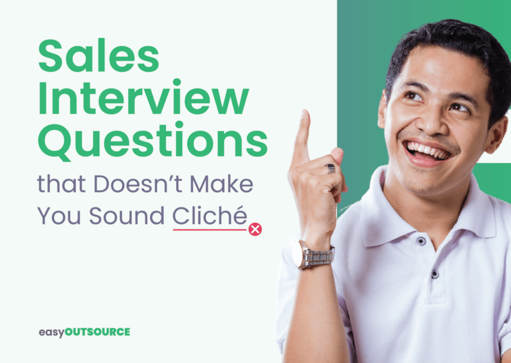 A person gestures positively while wearing a white polo shirt, promoting sales interview questions to avoid sounding cliché.