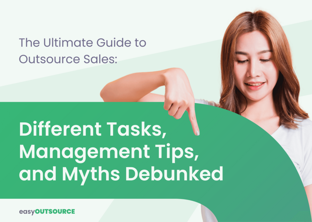 A woman points to text promoting a guide on outsourcing sales, highlighting tasks, management tips, and myth debunking.