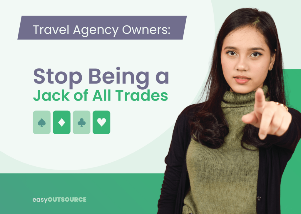 A woman gestures assertively, promoting a message to travel agency owners about focusing their efforts, with playing card icons below.