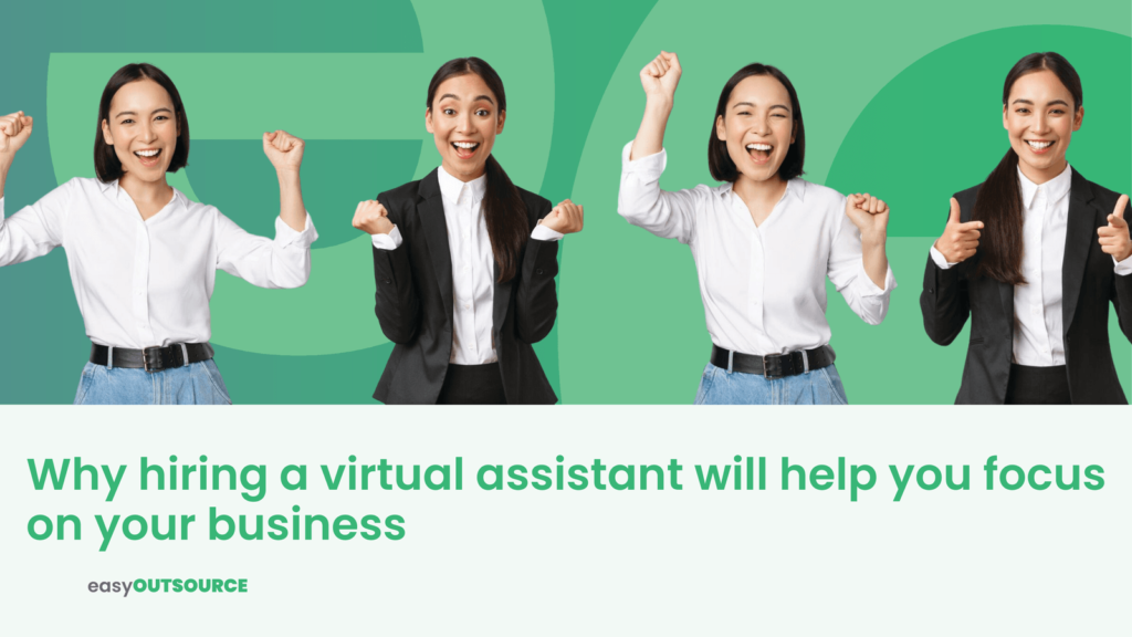 Four women in business attire express enthusiasm and empowerment, highlighting the benefits of hiring a virtual assistant.