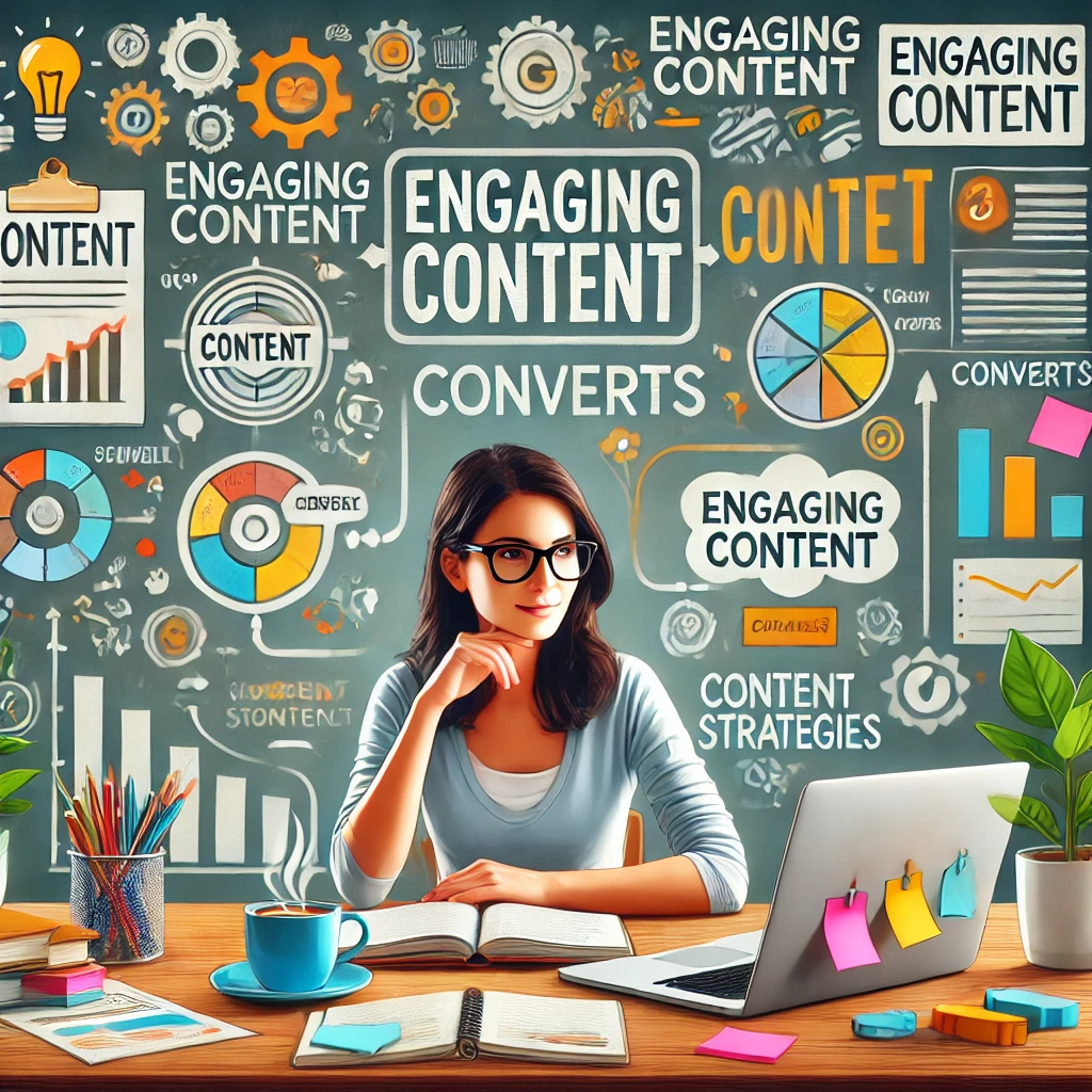 A woman sits at a desk with a laptop, surrounded by colorful notes and a coffee cup, against a wall covered in content strategy graphics.