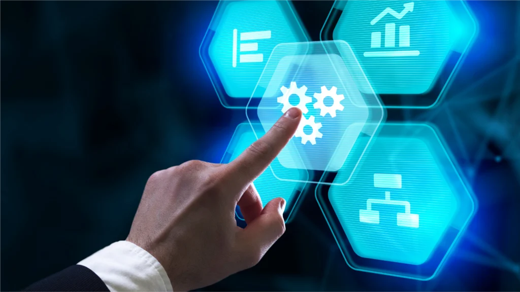 A hand interacts with digital gear icons on a glowing interface, symbolizing automation and data management in technology.