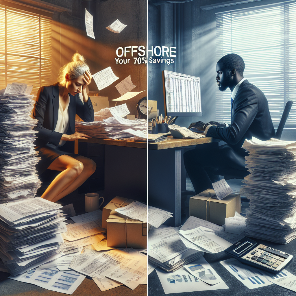 A split image contrasting cluttered in-house bookkeeping with organized offshore bookkeeping. The left shows a chaotic office desk overflowing with papers and a stressed person, symbolizing the hidden costs of in-house solutions discussed in 'Offshore vs. In-House Bookkeeping: A Data-Driven Cost Analysis for US Businesses'. The right side shows a clean, modern setup with a calm person viewing organized digital financial data, representing the efficiency and savings of offshore bookkeeping.