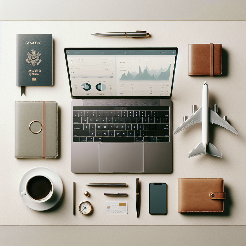 A flat lay image on a light desk featuring a laptop showing a cost-saving travel itinerary, a passport, a minimalist wallet, a model airplane, coffee, and a pen. The headline 'Travel Smarter, Spend Less' is overlaid, illustrating 10 Actionable Ways to Reduce Corporate Travel Costs.