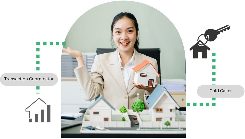Smiling woman holding a model house, with labels for Transaction Coordinator and Cold Caller roles